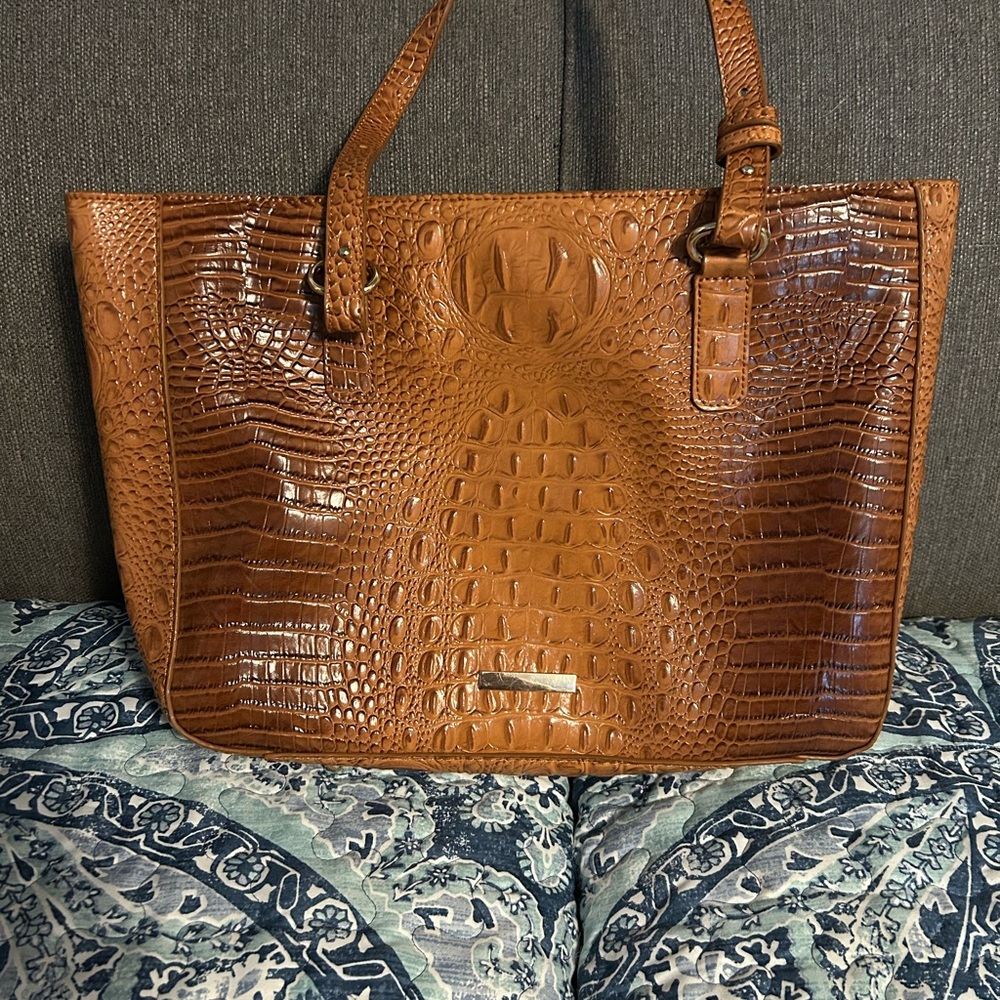 Crocodile Embossed Tan Leather Tote Bag